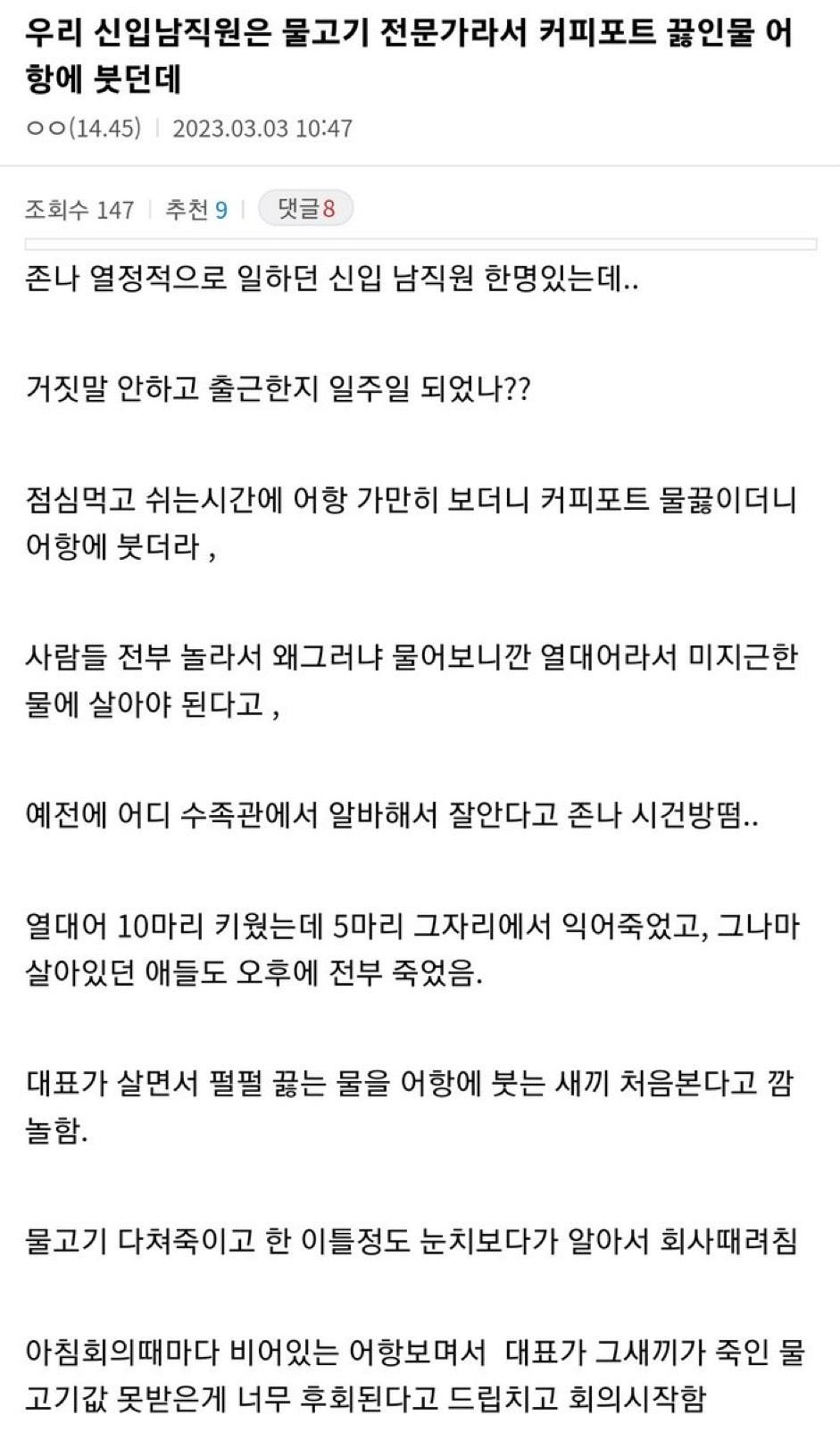 우리 신입남직원은 물고기 전문가라서 커피포트 끓인물 어항에 붓던데 | 인스티즈