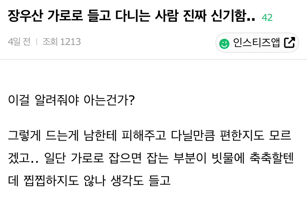 장우산 가로로 들고 다니는 사람 진짜 신기함.. | 인스티즈