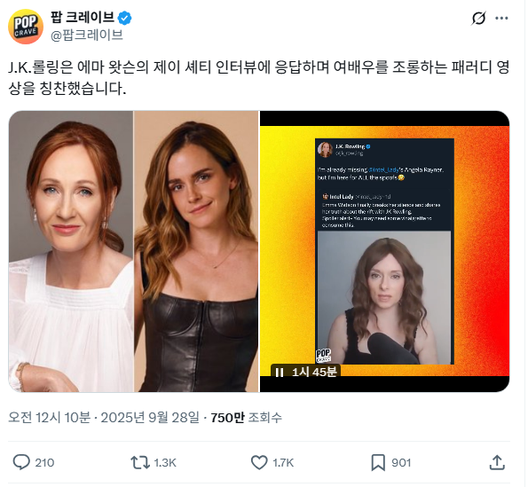 엠마왓슨 조롱하는 패러디영상 칭찬하며 엠마왓슨 인터뷰 응답한 J.K.롤링 | 인스티즈