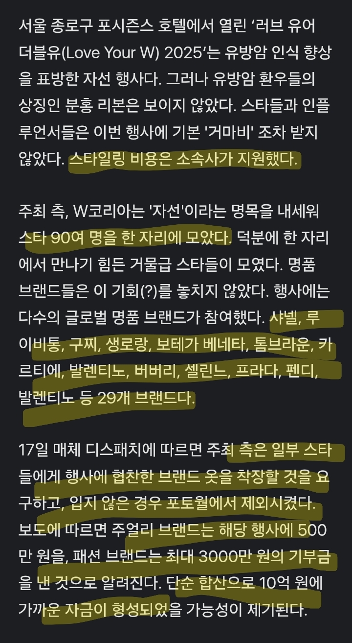 W코리아가 유방암 행사로 돈을 버는 방법 | 인스티즈