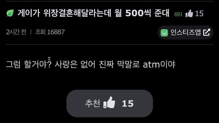 게이가 위장결혼 해달라는데 월 500씩 준다면 할거야? | 인스티즈
