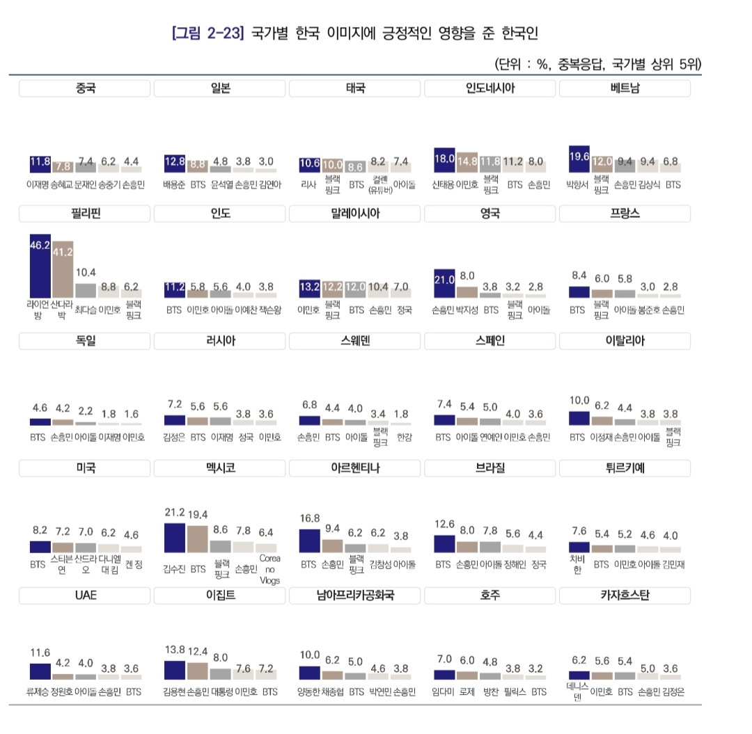 국가별 한국 이미지에 긍정적인 영향을 준 한국인 TOP5 | 인스티즈