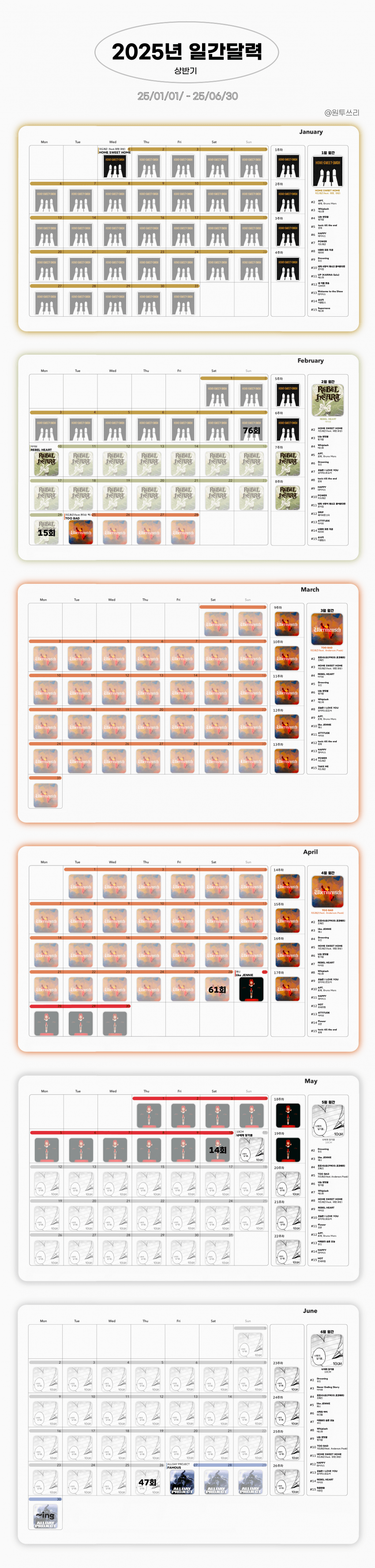 단 6곡밖에 없는 2025년 상반기 멜론 일간1위 달력 (1/1~6/30) | 인스티즈