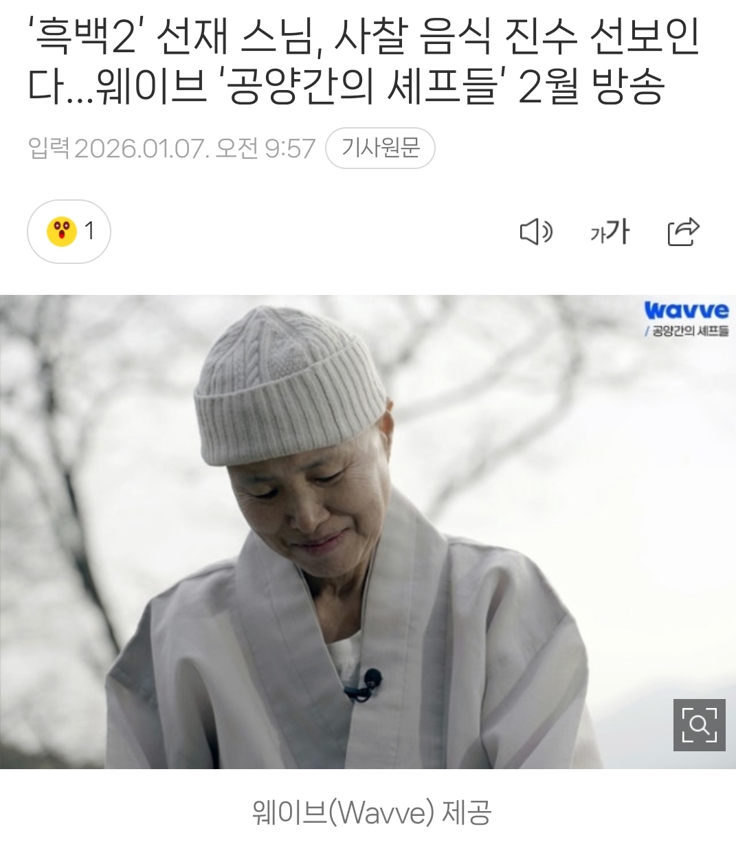 '흑백2' 선재 스님, 사찰 음식 진수 선보인다...웨이브 '공양간의 셰프들' 2월 방송 | 인스티즈