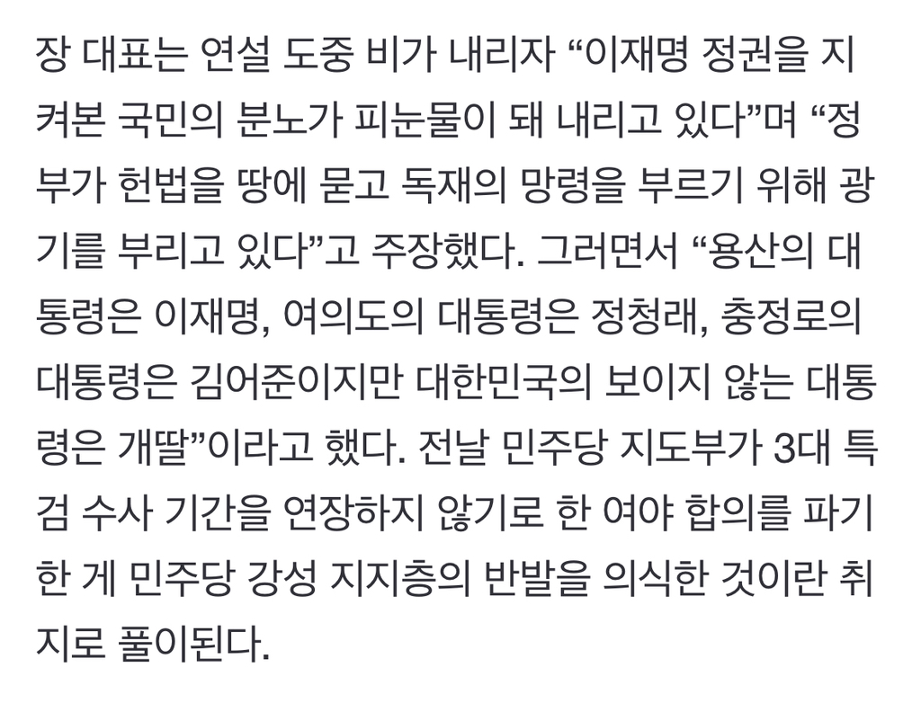 장동혁 "보이지 않는 대통령은 개딸"…장외 집회 나선 野 | 인스티즈