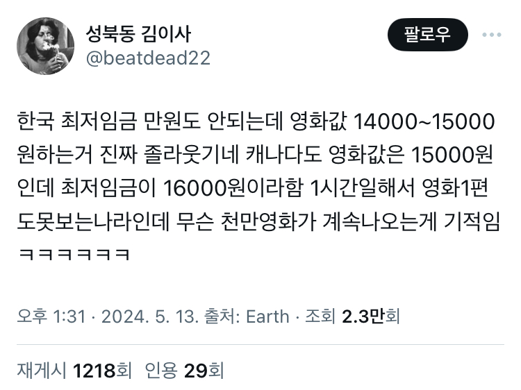 한국 최저임금 만원도 안되는데 영화값 14000~15000원하는거 진짜 웃기네 twt | 인스티즈