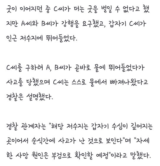 천도재 지내다 저수지 빠진 무속인 구하려던 남녀 2명 숨져(종합) | 인스티즈