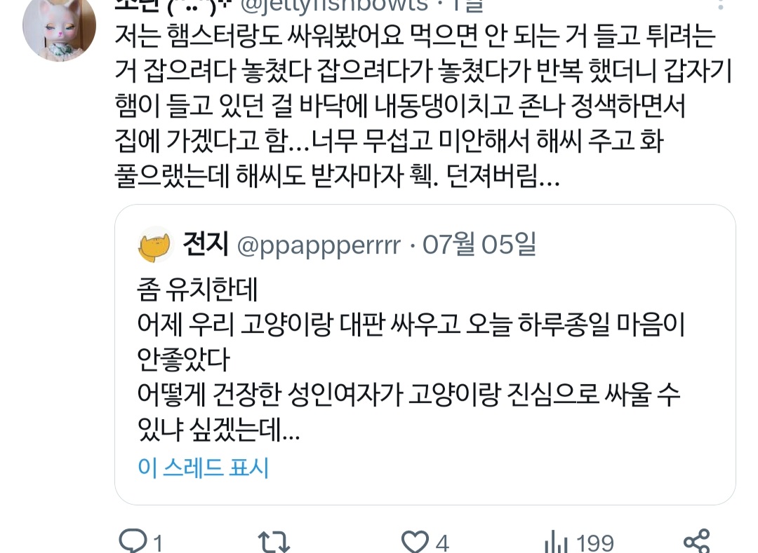고양이랑 진심으로 싸워서 속상했던 트위터리안.twt | 인스티즈