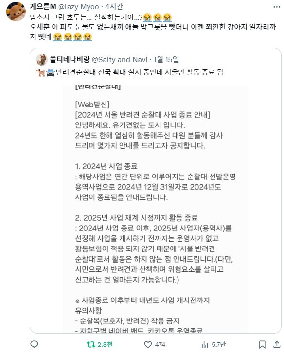 [충격] 반려견 순찰대 호두 실직; | 인스티즈