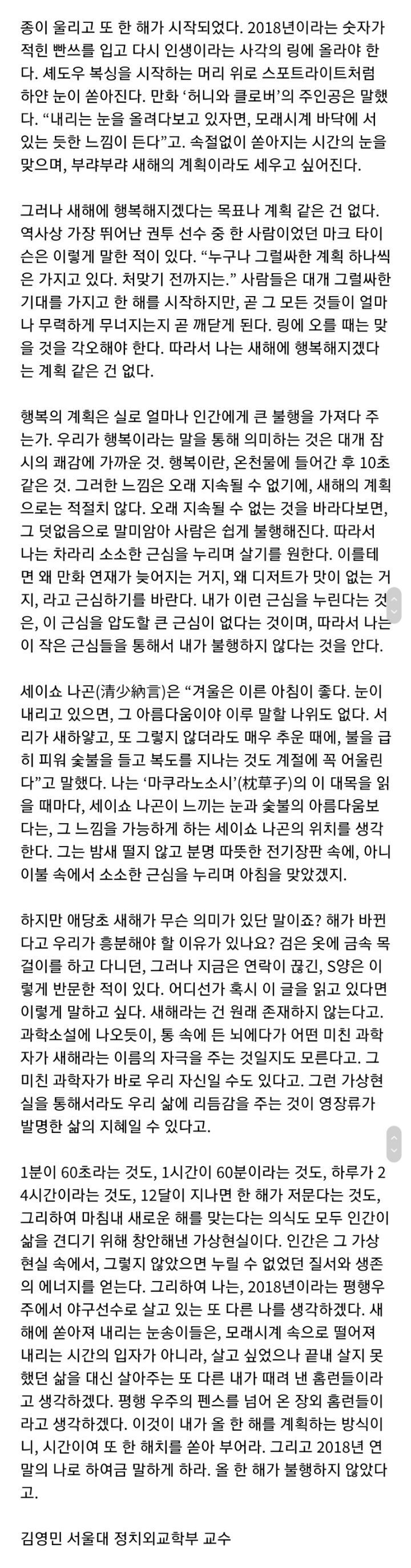 [김영민 칼럼] 새해에 행복해지겠다는 계획은 없다 | 인스티즈