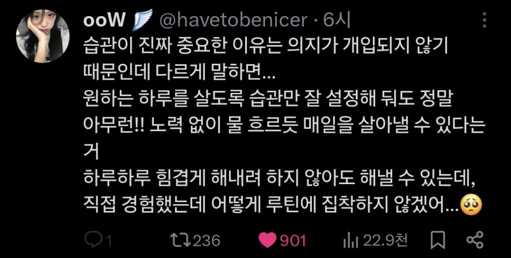 습관을 잘 설정하면 아무런 노력 없이 물 흐르듯 매일을 살 수 있다.twt | 인스티즈