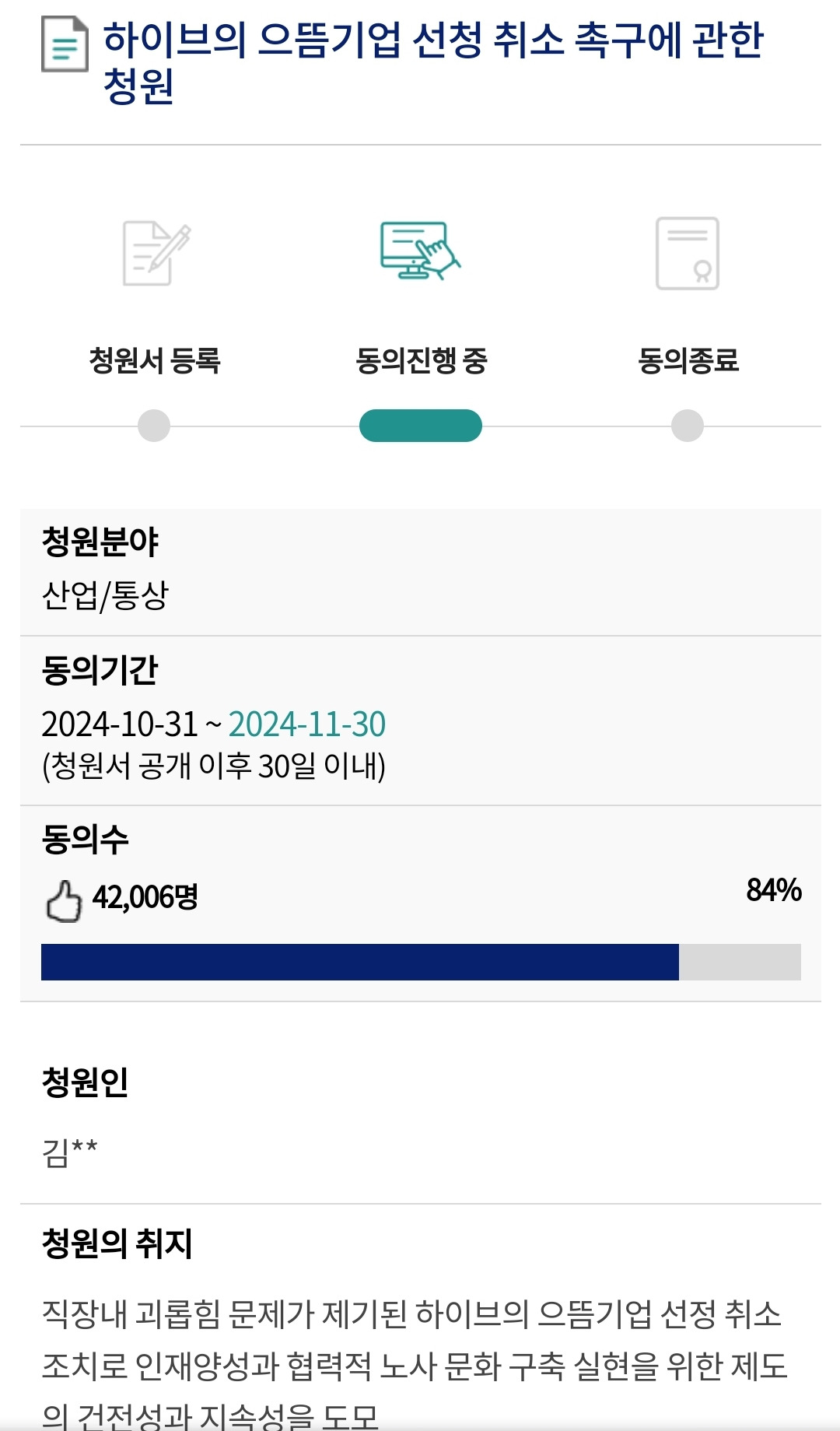 방금 엇나간 팬심이라고 기사 나온 하이브 "으뜸기업" 취소 청원 근황... | 인스티즈