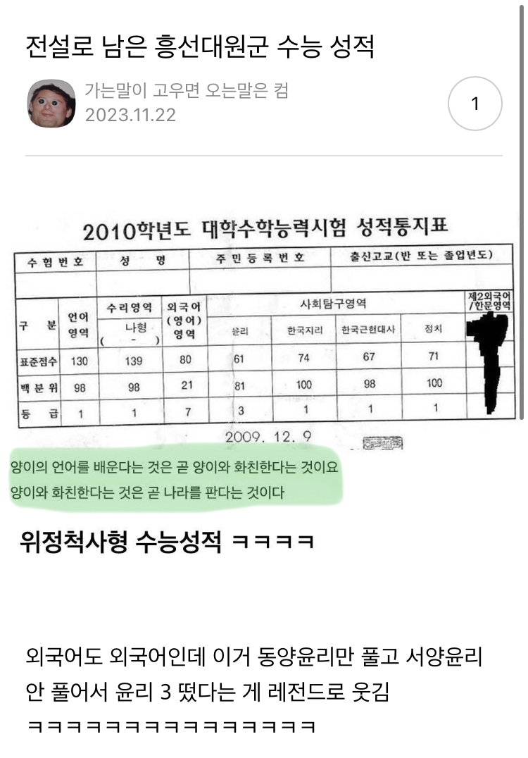 전설로 남은 흥선대원군 수능 성적 | 인스티즈
