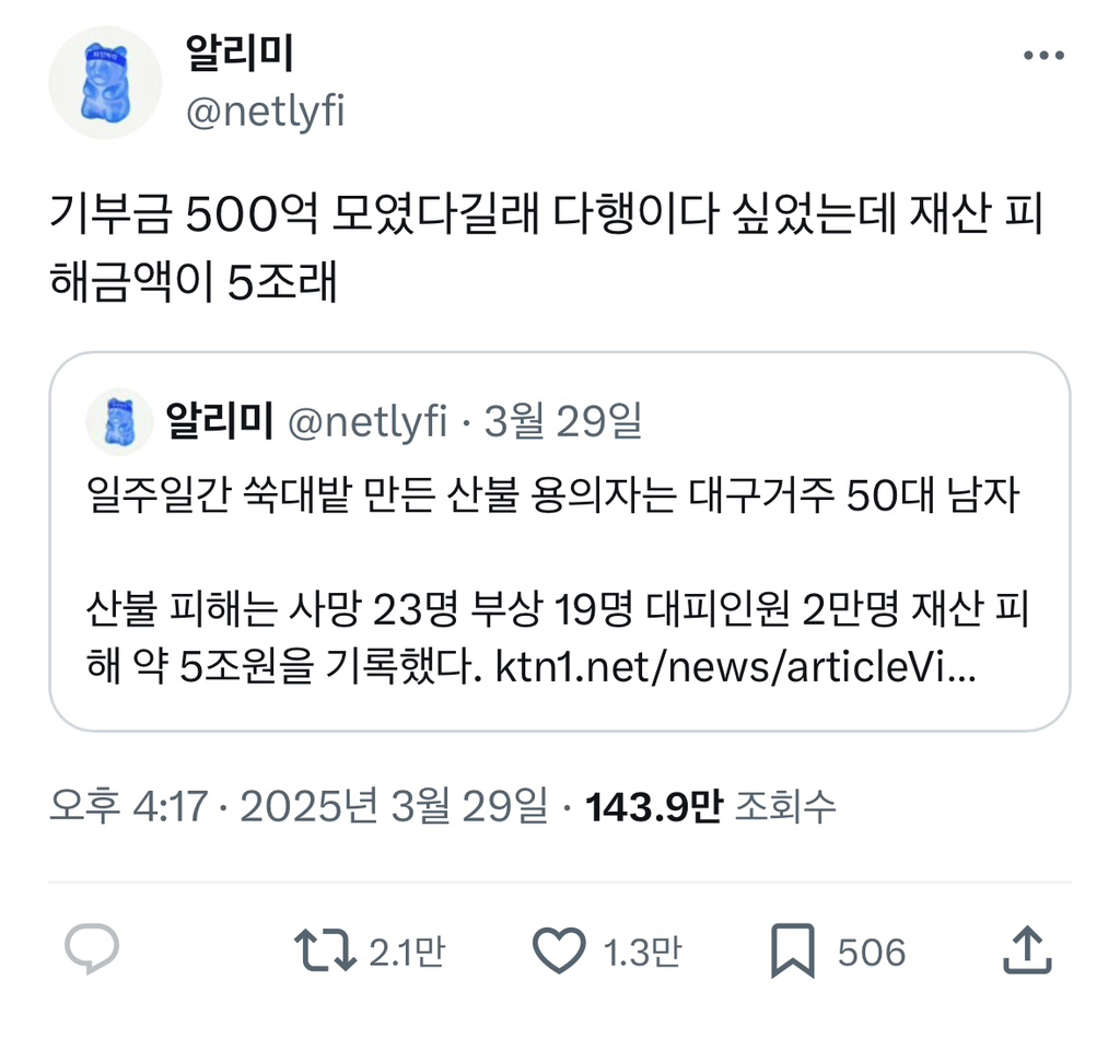산불 피해 기부금 500억. 재산피해금액은 | 인스티즈