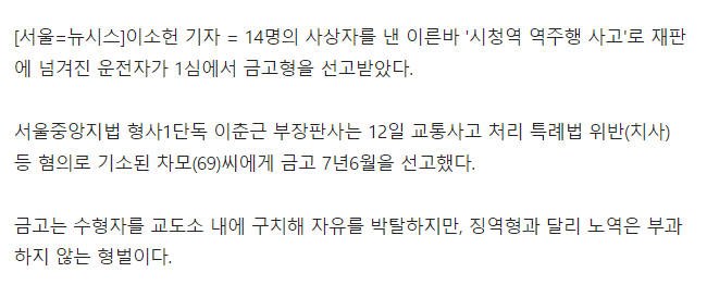 '시청역 역주행 사고' 운전자, 1심 금고 7년6월…법원 "급발진 아냐"(종합) | 인스티즈