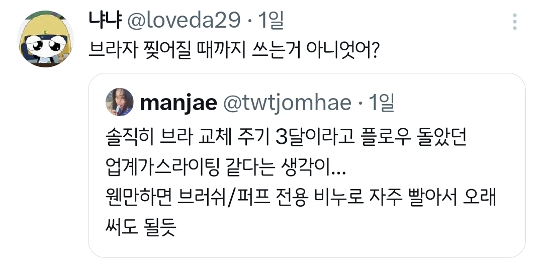 퍼프 교체주기 2-3주 브라 교체 주기 3개월.twt | 인스티즈