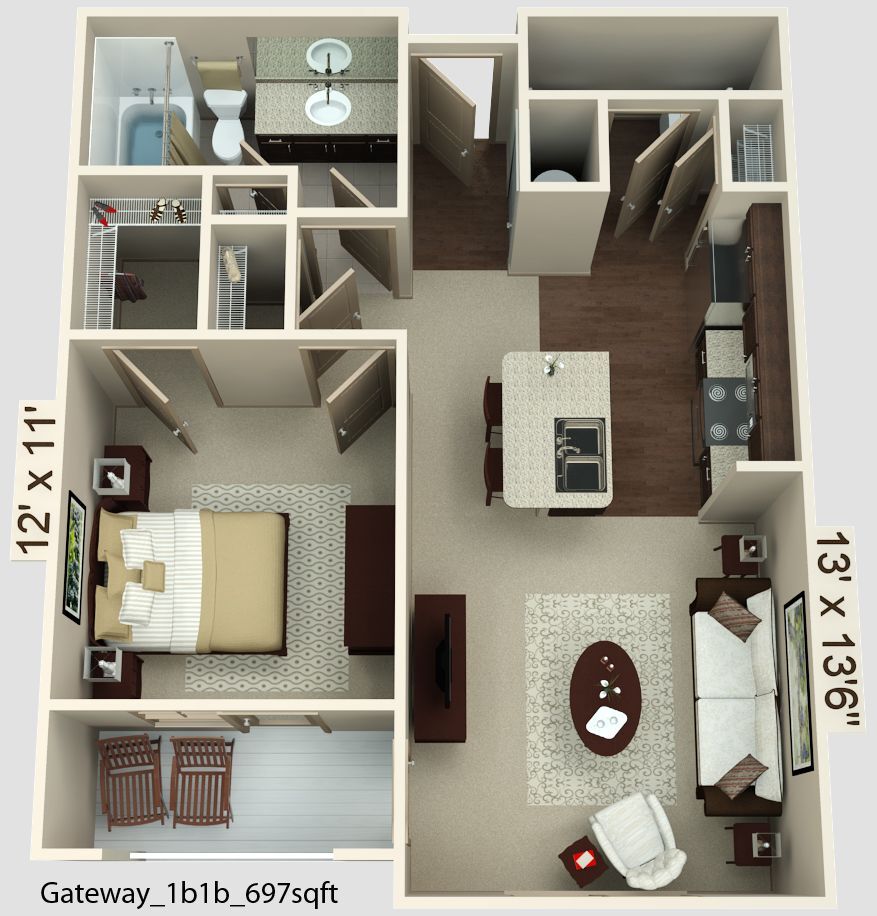 혼자 살기 최적인 미국 방1개 화장실 1개아파트 평면도.jpg | 인스티즈