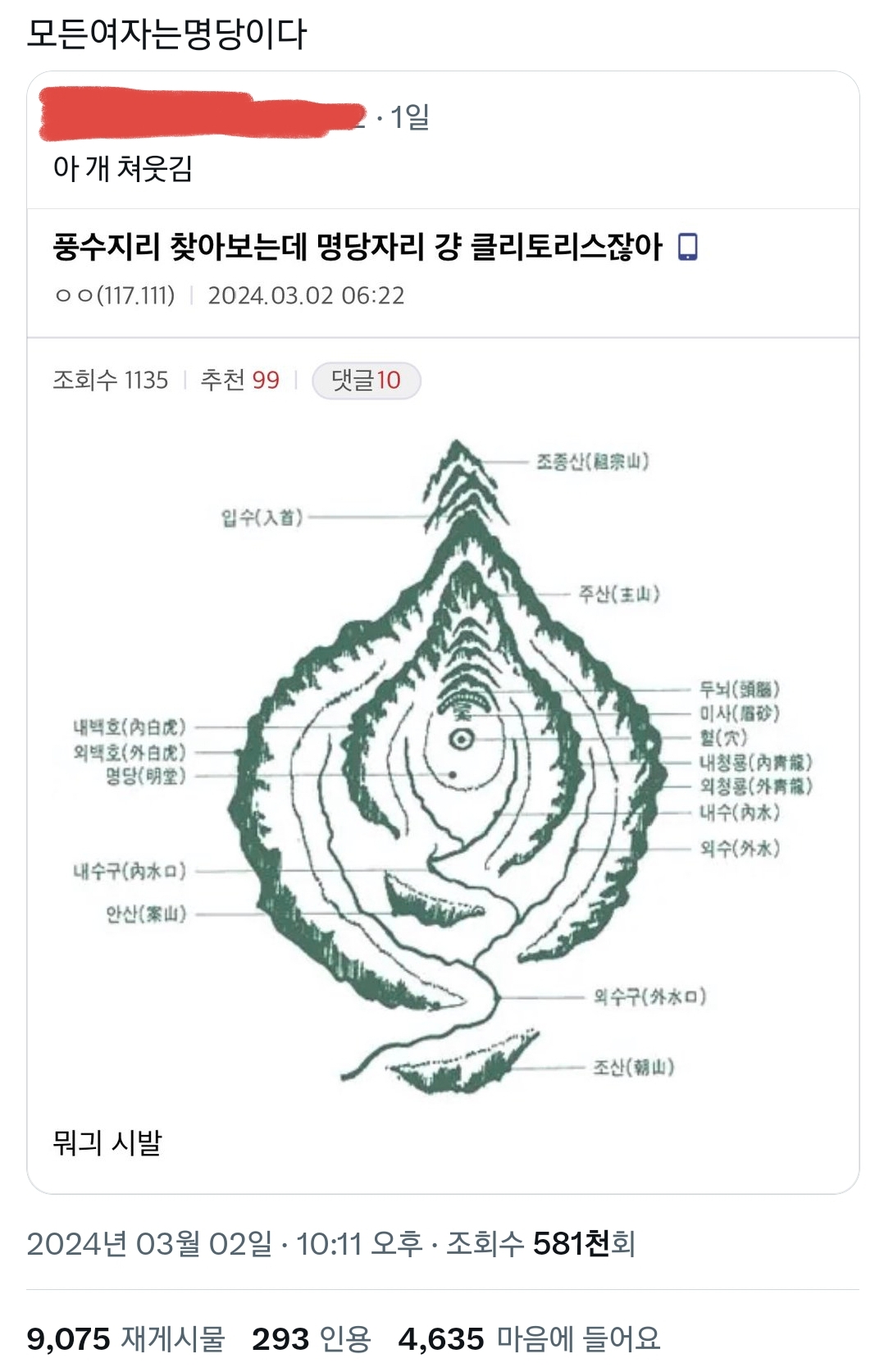 풍수지리 찾아보는데 명당자리 걍 클리토리스잖아.twt | 인스티즈