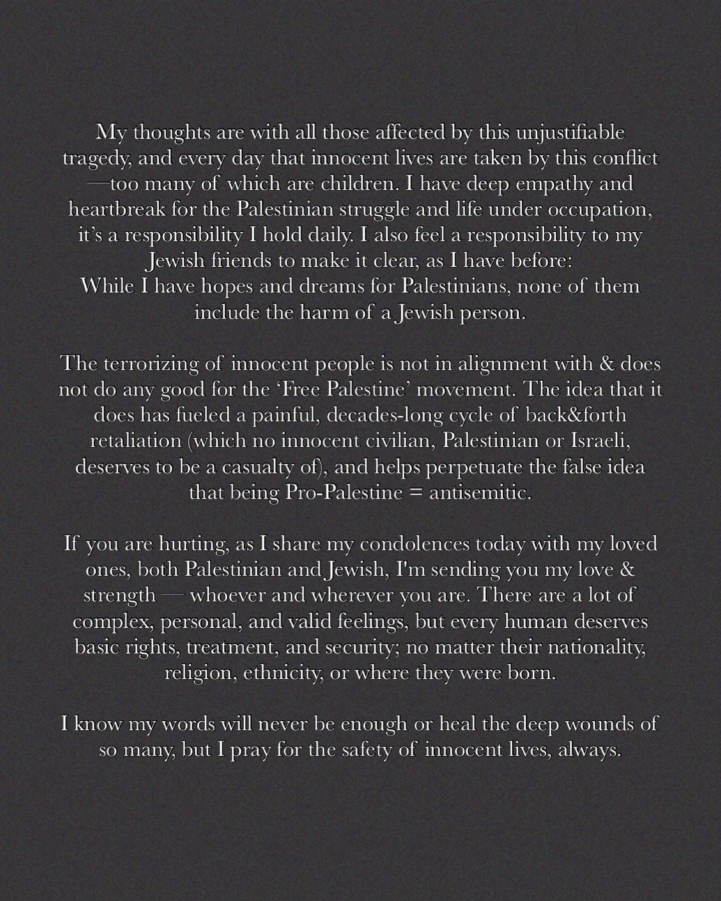 팔레스타인계 모델 지지 하디드가 인스타에 올린 글(이스라엘&팔레스타인 분쟁에 관해) | 인스티즈