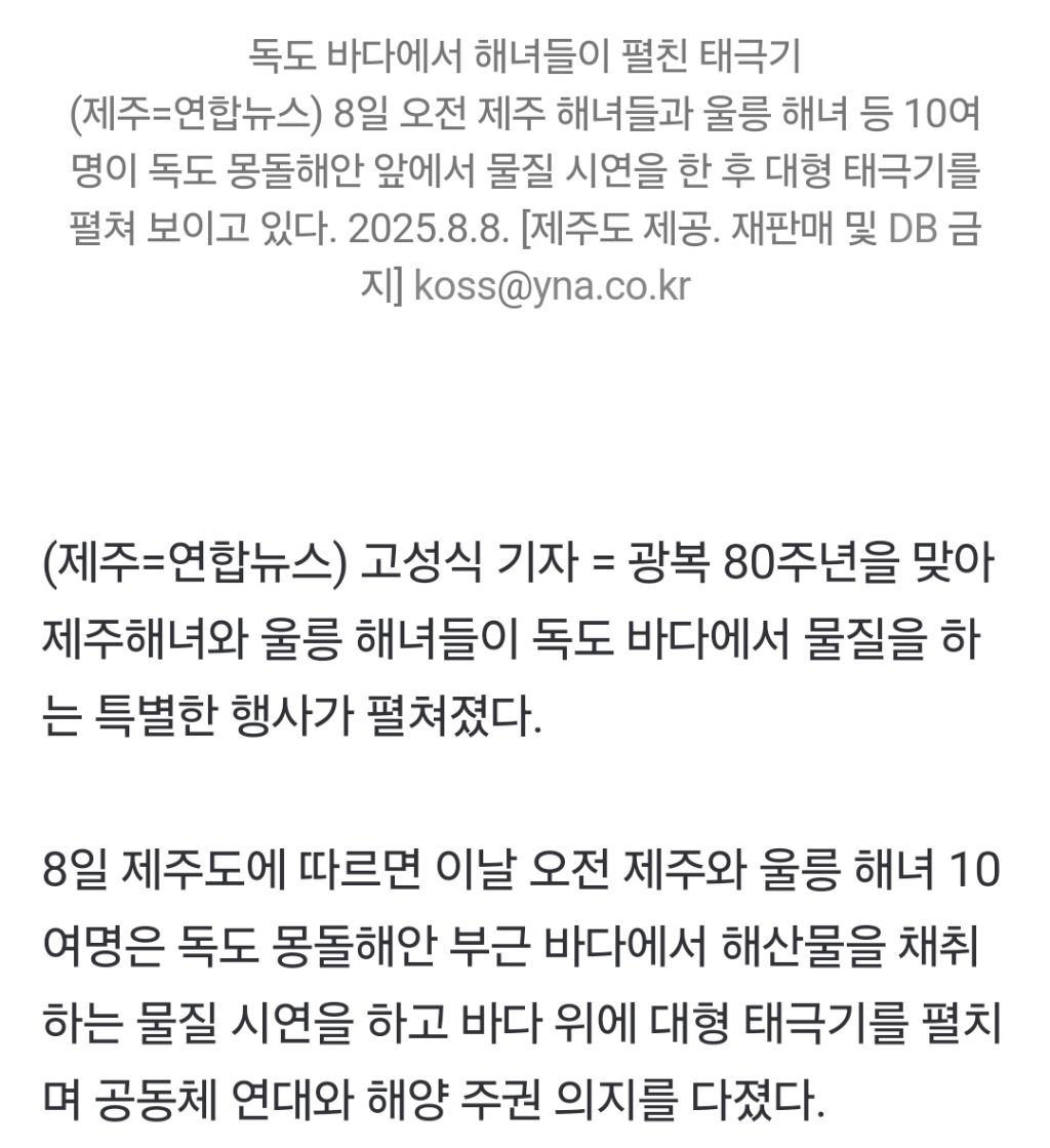 '독도 바다에 대형 태극기'…제주·울릉 해녀 광복 80주년 행사 | 인스티즈