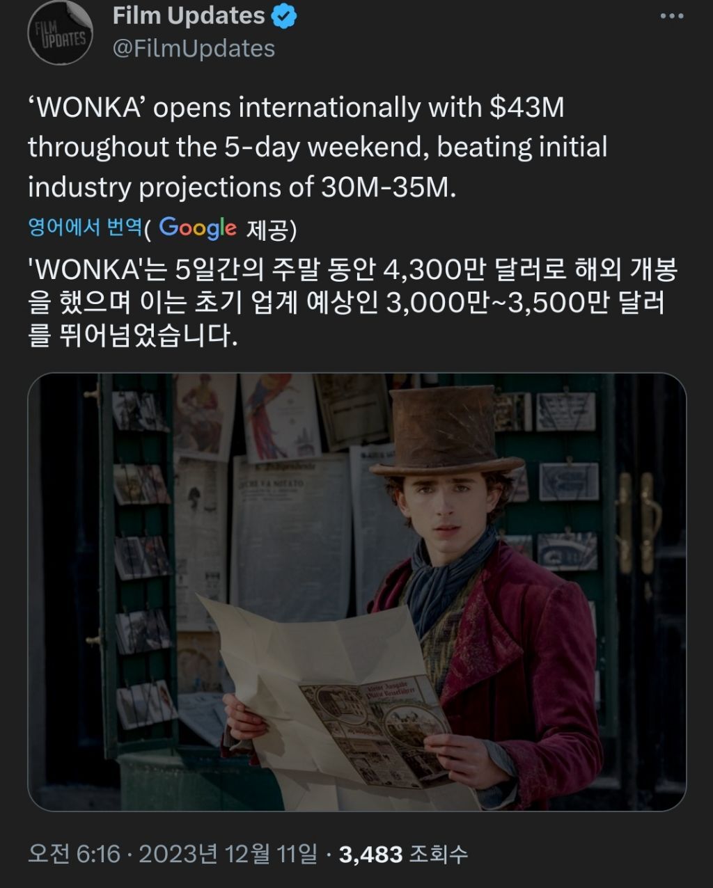 생각보다 반응 좋은 티모시 샬라메 "웡카" | 인스티즈