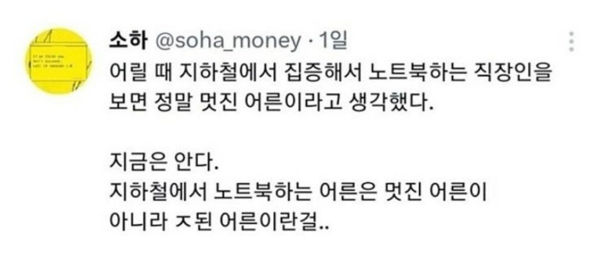 어릴 때 지하철에서 집중해서 노트북하는 직장인을 보면 정말 멋진 어른이라고 생각했다 | 인스티즈