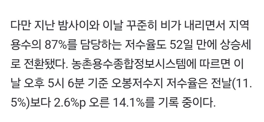 단비에 강릉 오봉저수지 저수율 14.1%…내일 새벽까지 예정된 비는 '뚝' | 인스티즈