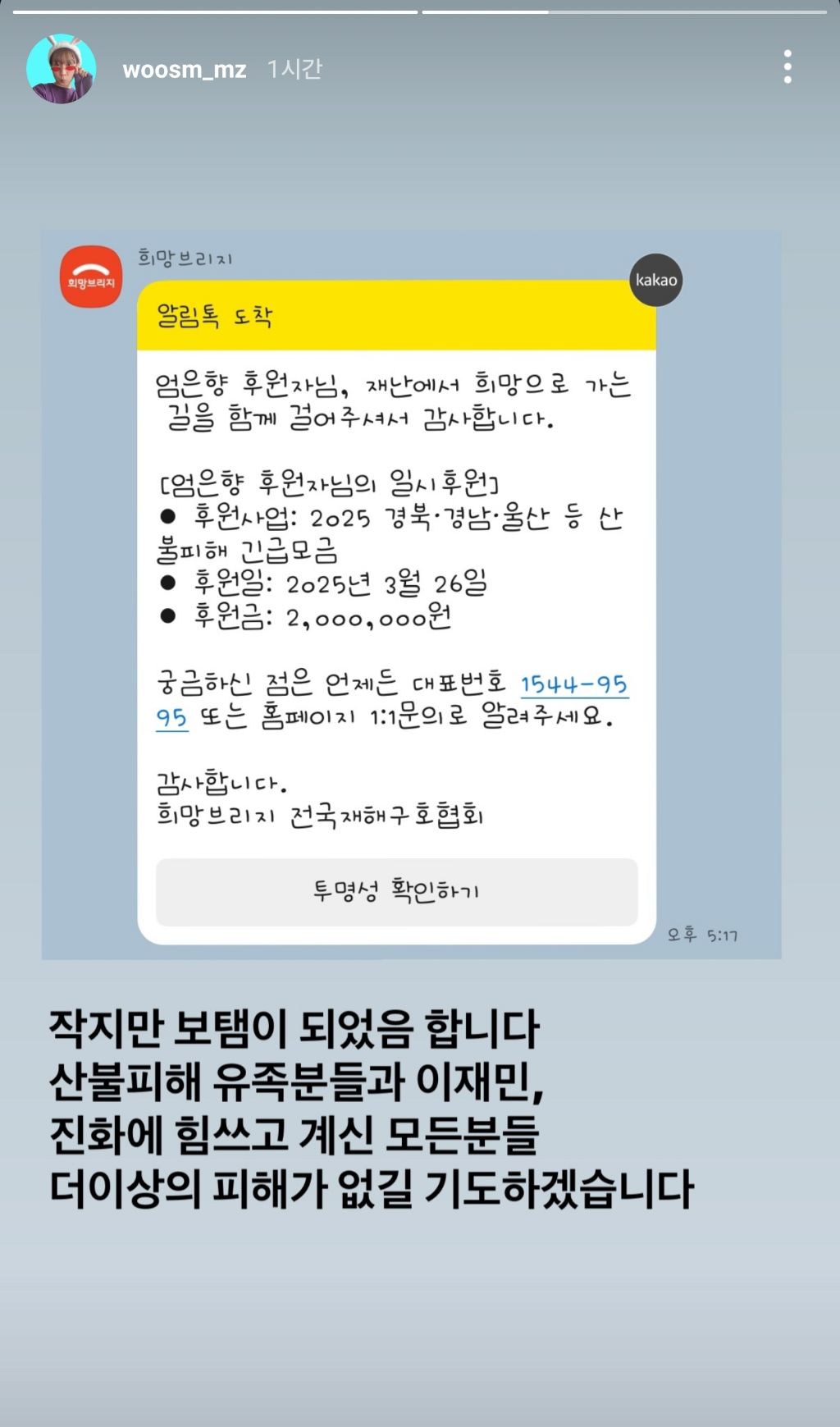 유튜버 엄은향 인스타 스토리 (산불 기부) | 인스티즈