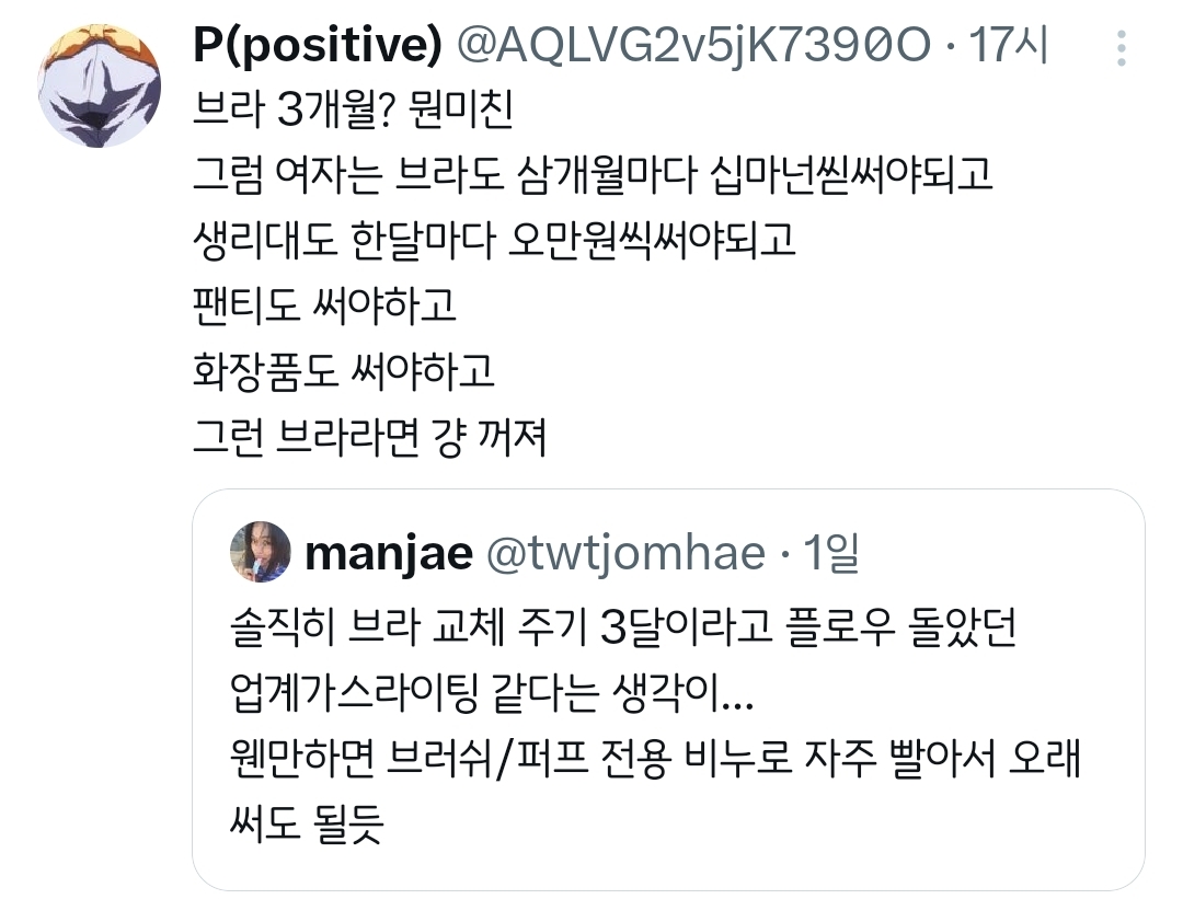 퍼프 교체주기 2-3주 브라 교체 주기 3개월.twt | 인스티즈