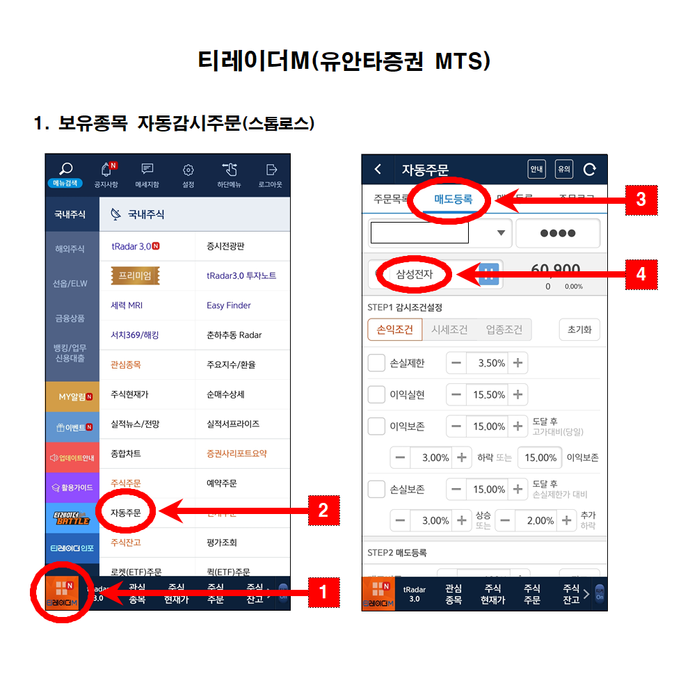 티레이더M(유안타증권 MTS) 보유종목 스탑로스(자동감시주문) 찾아가기 - 묻고 답하기 - 안정모의 주식투자