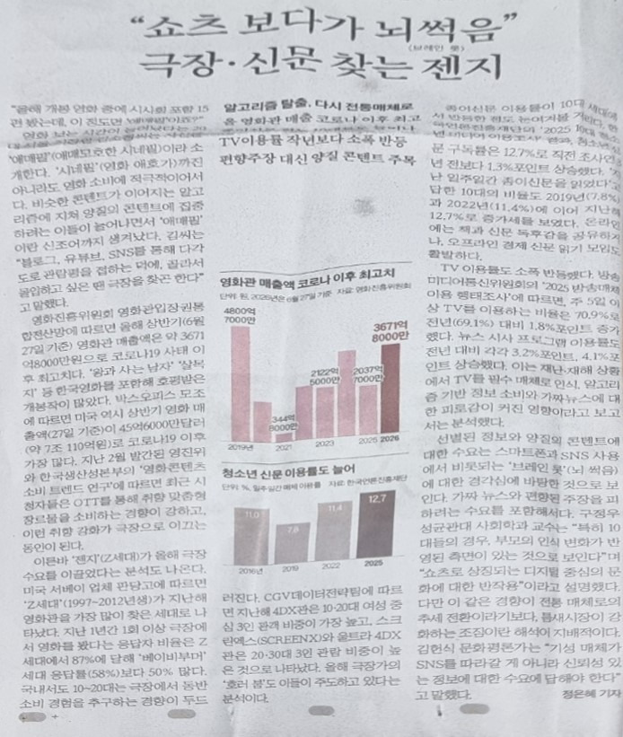 [찬샘통문 Ⅲ-27]‘젠지’(Z세대)들이 신문과 극장을 찾는다? - 자유게시판 - 전라고6회 동창회