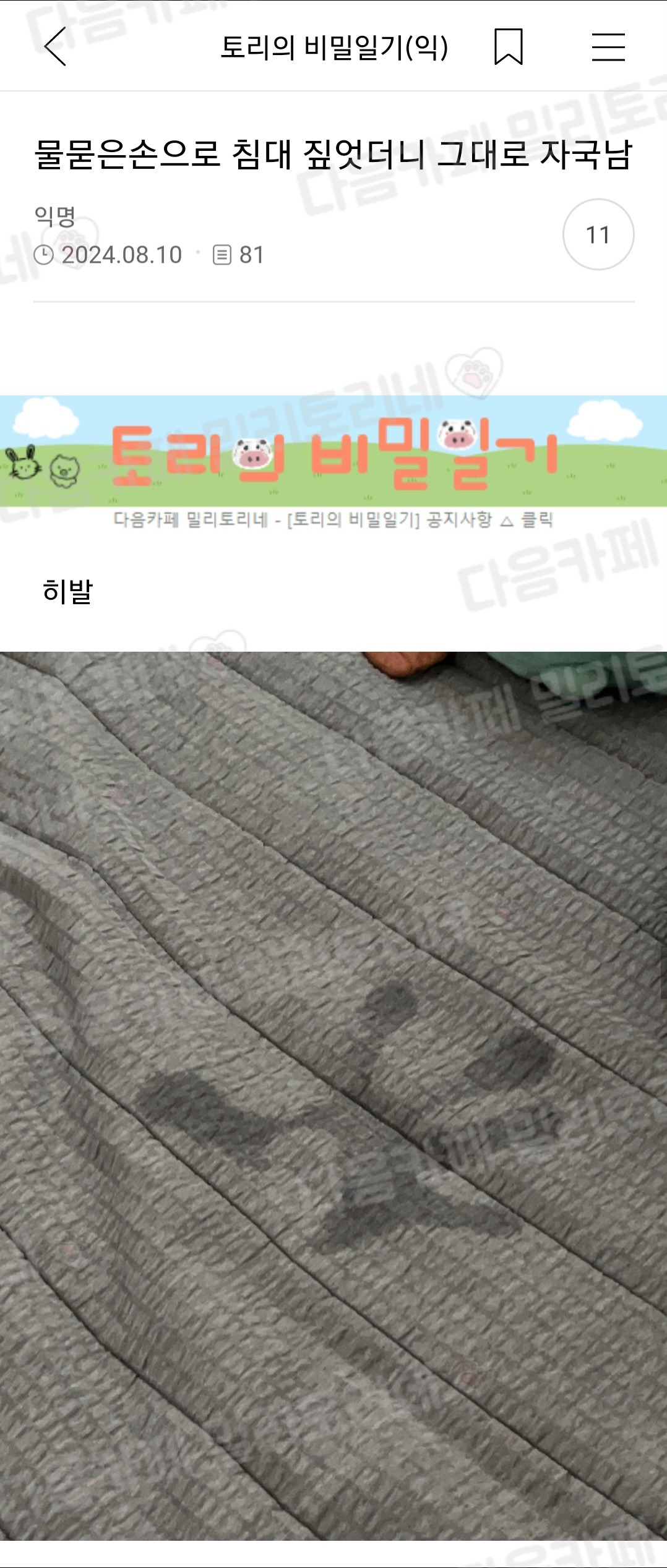 물묻은손으로 침대 짚엇더니 그대로 자국남 | 인스티즈