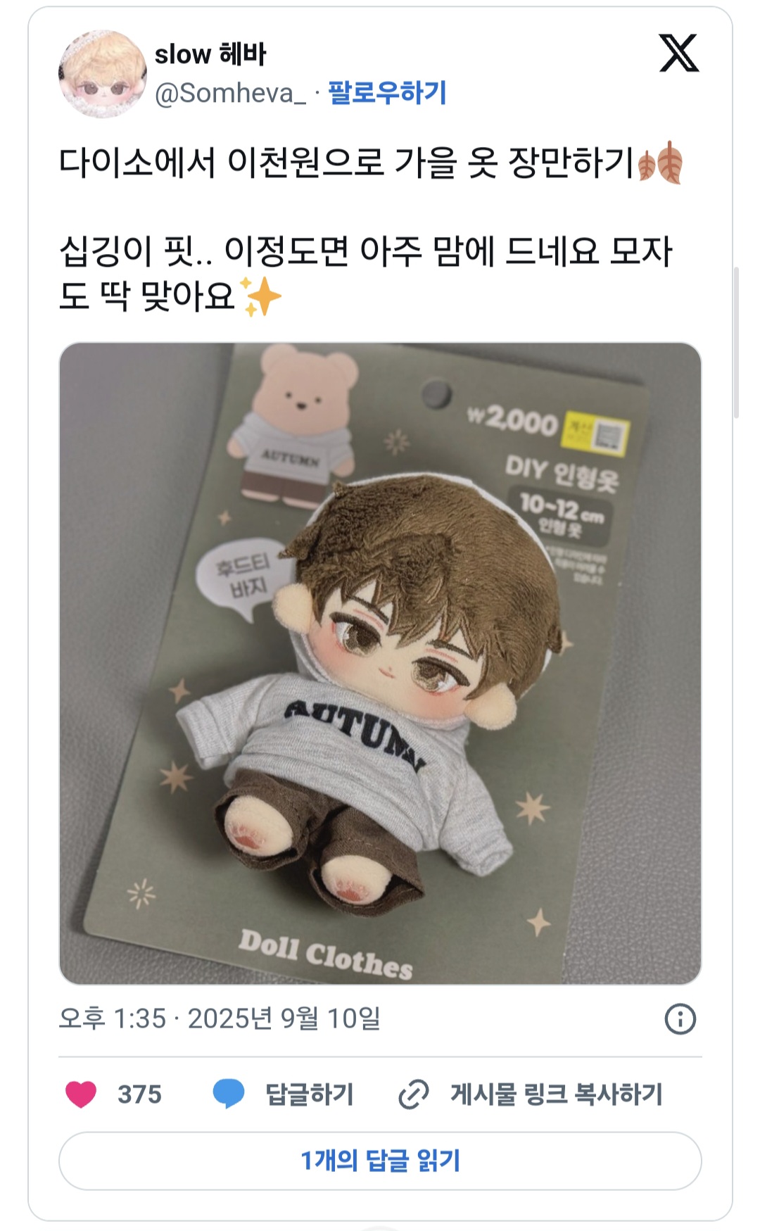 다이소 10cm 인형옷 가을 신상 3종 🍁 | 인스티즈