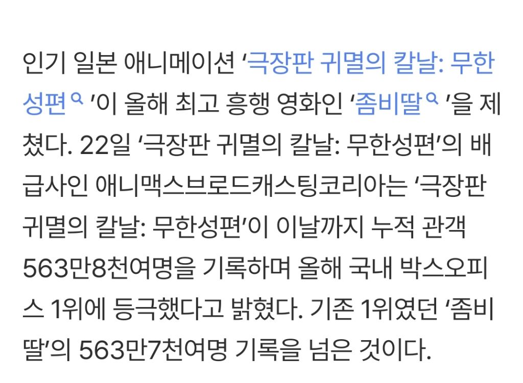 귀멸의 칼날'이 '좀비딸' 제쳤다…올해 박스오피스 1위 등극 | 인스티즈