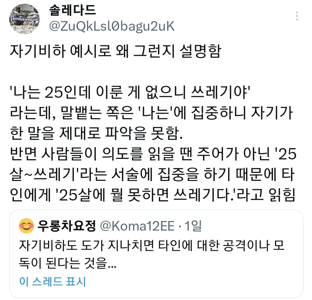 자기비하도 도가 지나치면 타인에 대한 공격이나 모독이 된다는 것을...twt | 인스티즈