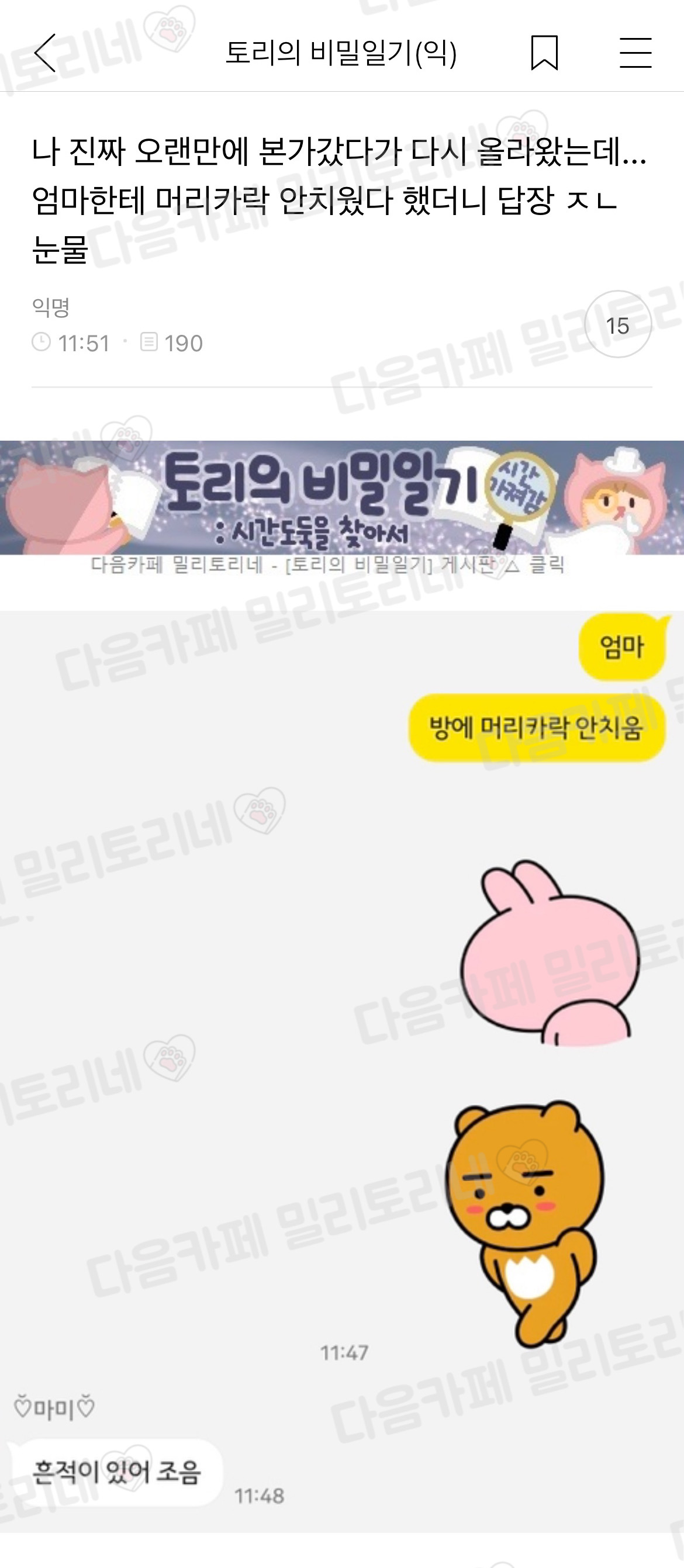 [냥감동] 엄마한테 머리카락 안 치웠다 했더니 답장 눈물 | 인스티즈