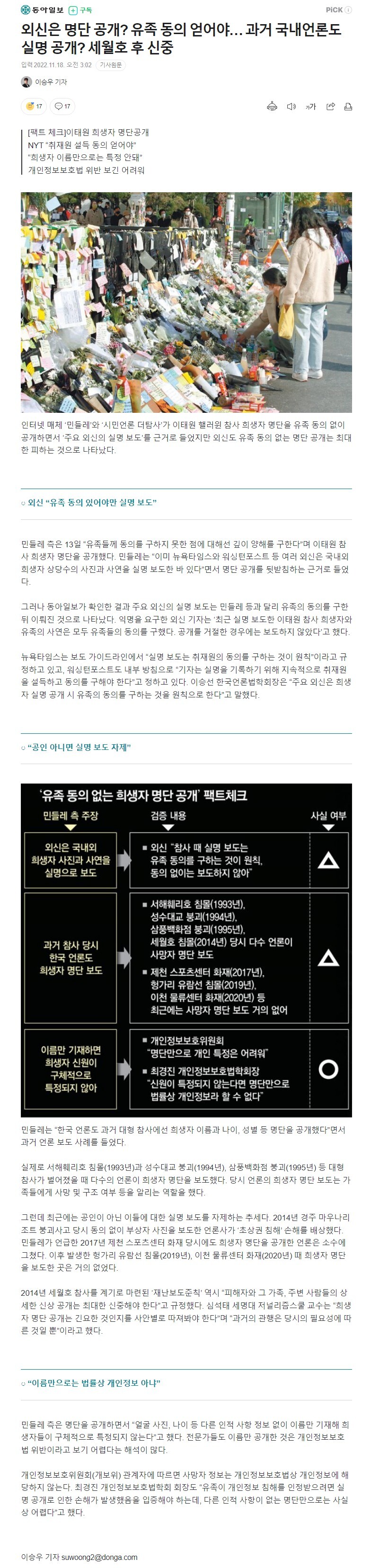 이태원 희생자 명단공개 - 외신, “유족 동의 있어야만 실명 보도” - 사회·기타 - 담소와토론