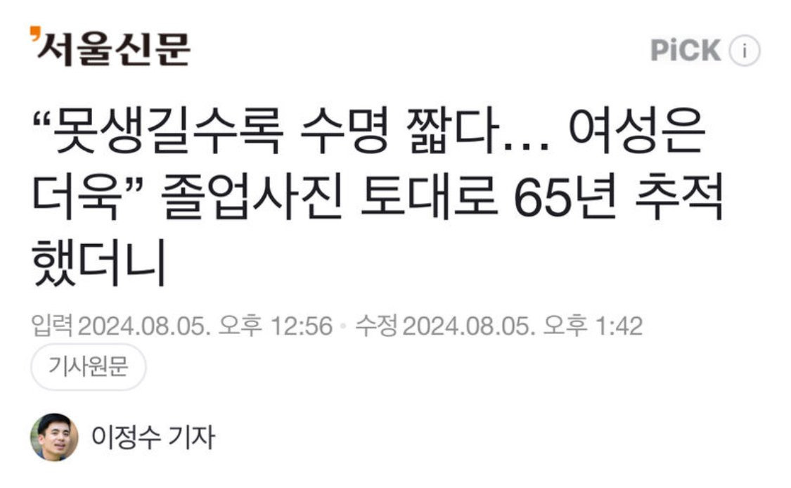 못생길수록 수명 짧다...잘생긴 경우는 평균과 수명 차이 없어... | 인스티즈