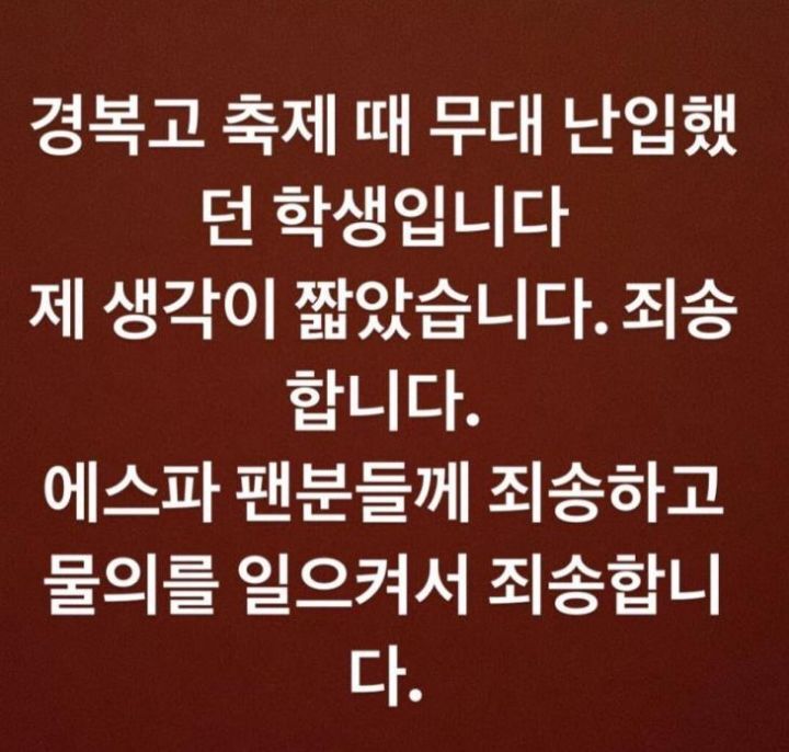 "생각 짧았다"에스파 무대 난입한 경복고 재학생, 결국 사과…교육청 '민원' ing | 인스티즈