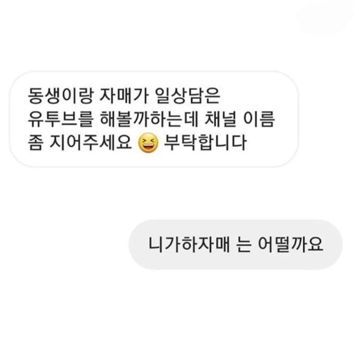 동생이랑 자매가 일상담은 유투브를 해볼까하는데 채널 이름 좀 지어주세요 | 인스티즈