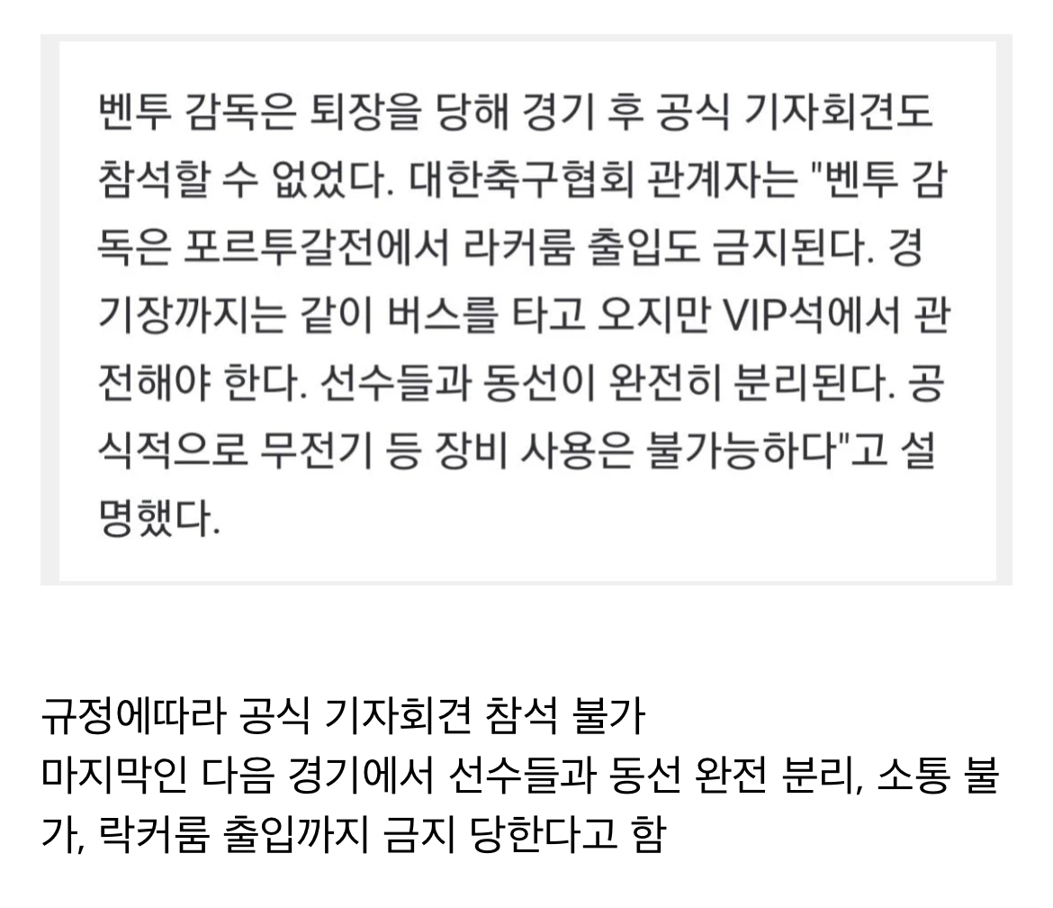 레드카드로 퇴장당해서 공식 기자회견에도 참석할수없었다는 벤투감독 | 인스티즈