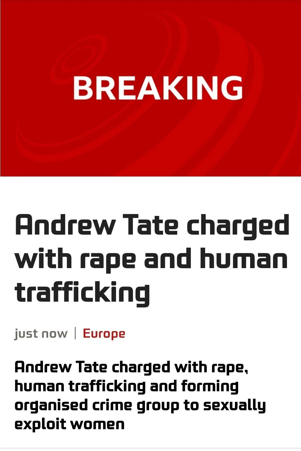 BBC 속보) 앤드류 테이트, 강간 및 인신매매 혐의로 기소 | 인스티즈