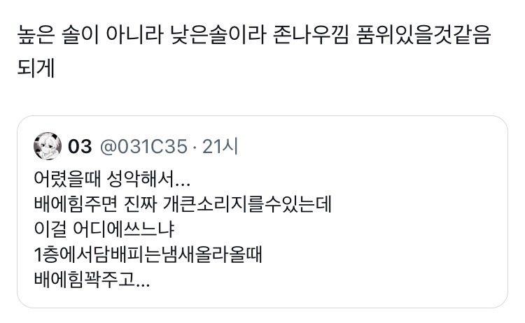 어렸을 때 성악해서 배에 힘주면 진짜 개큰소리 지를 수 있는데 이걸 어디에 쓰느니.twt | 인스티즈