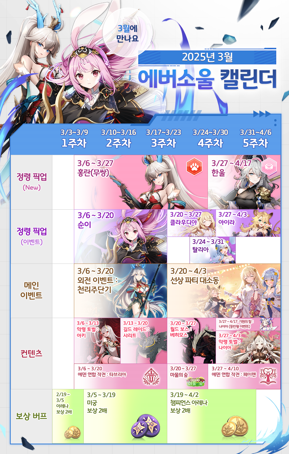 에버소울 2025년 3월 스케줄 안내 (3/25 18:00 추가) - 📣 공지사항 - 에버소울