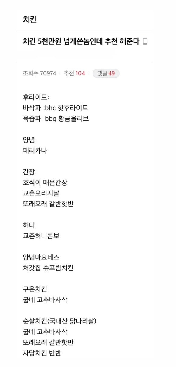 치킨갤 선정 치킨 티어 | 인스티즈