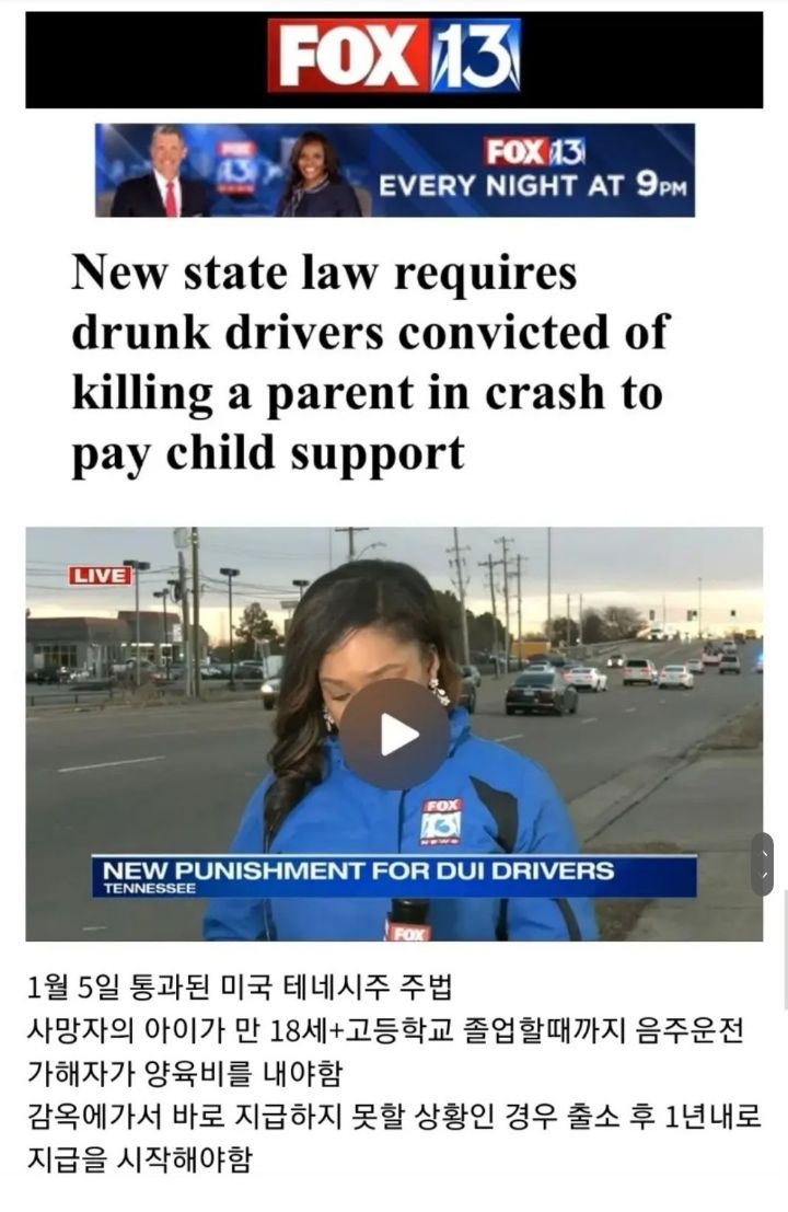 미국에서 최근 새롭게 통과된 교통사고 사망자의 아이를 위한 법 | 인스티즈