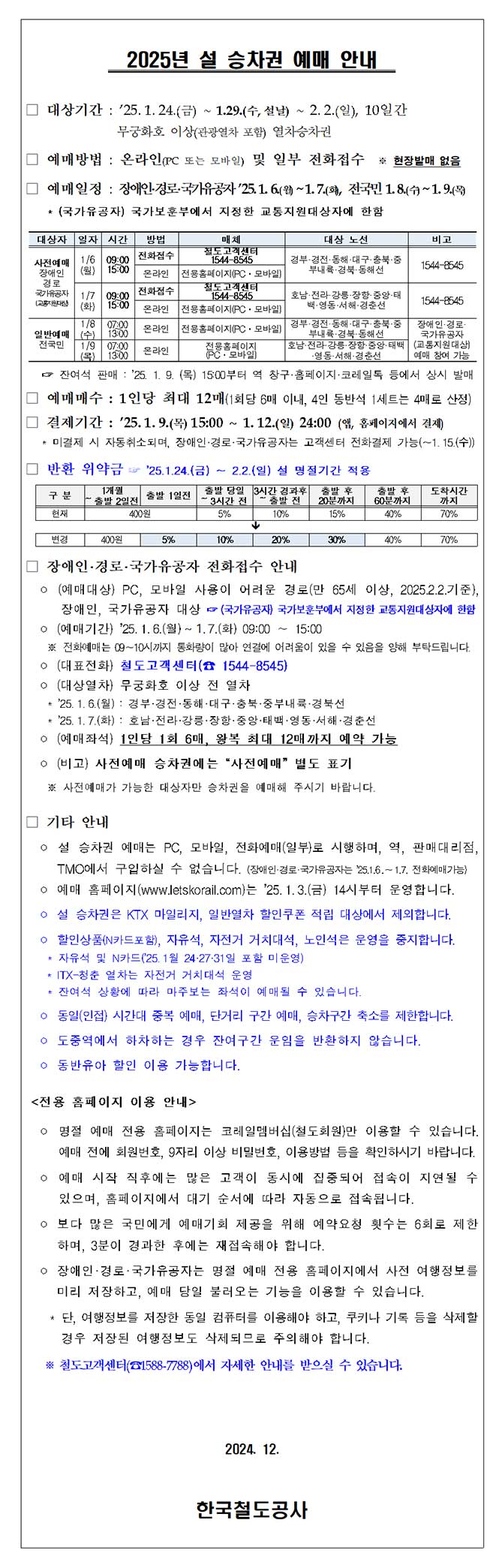 2025 KTX 설 승차권 예약안내+설명절기간 환불위약금 강화 | 인스티즈