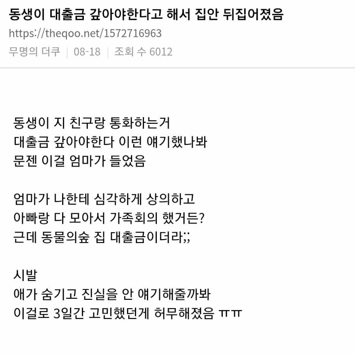동생이 대출금 갚아야한다고 해서 집안 뒤집어졌음 | 인스티즈