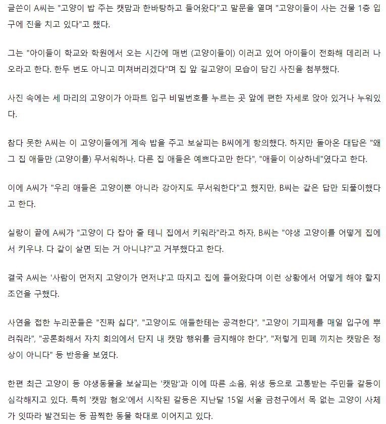 "캣맘 때문에 우리 아파트 현관이 이렇게 됐어요… 돌아버리겠습니다" | 인스티즈