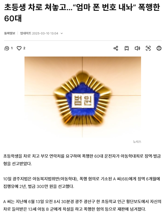 초등생 차로 쳐놓고…"엄마 폰 번호 내놔” 폭행한 60대 | 인스티즈